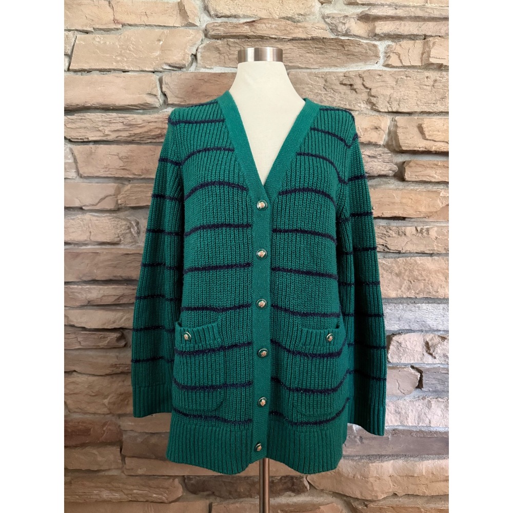Talbots Womens Green Navy Striped Metallic Longline Cardigan Gold Button M